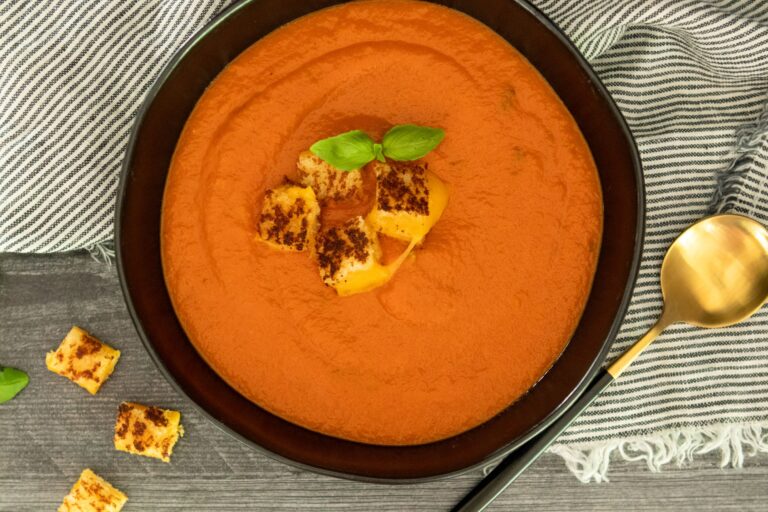 Roasted Tomato Soup with Grilled Cheese Croutons
