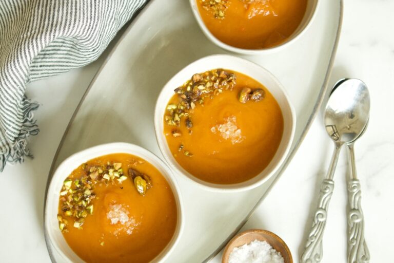Roasted Carrot Soup with Candied Pistachios